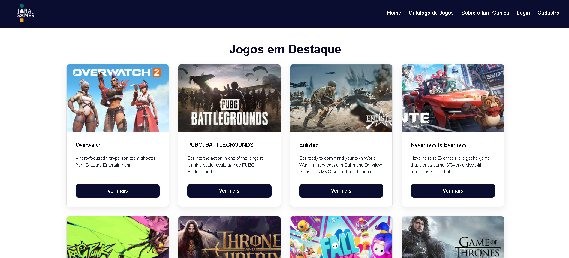 Página inicial do projeto Iara Games